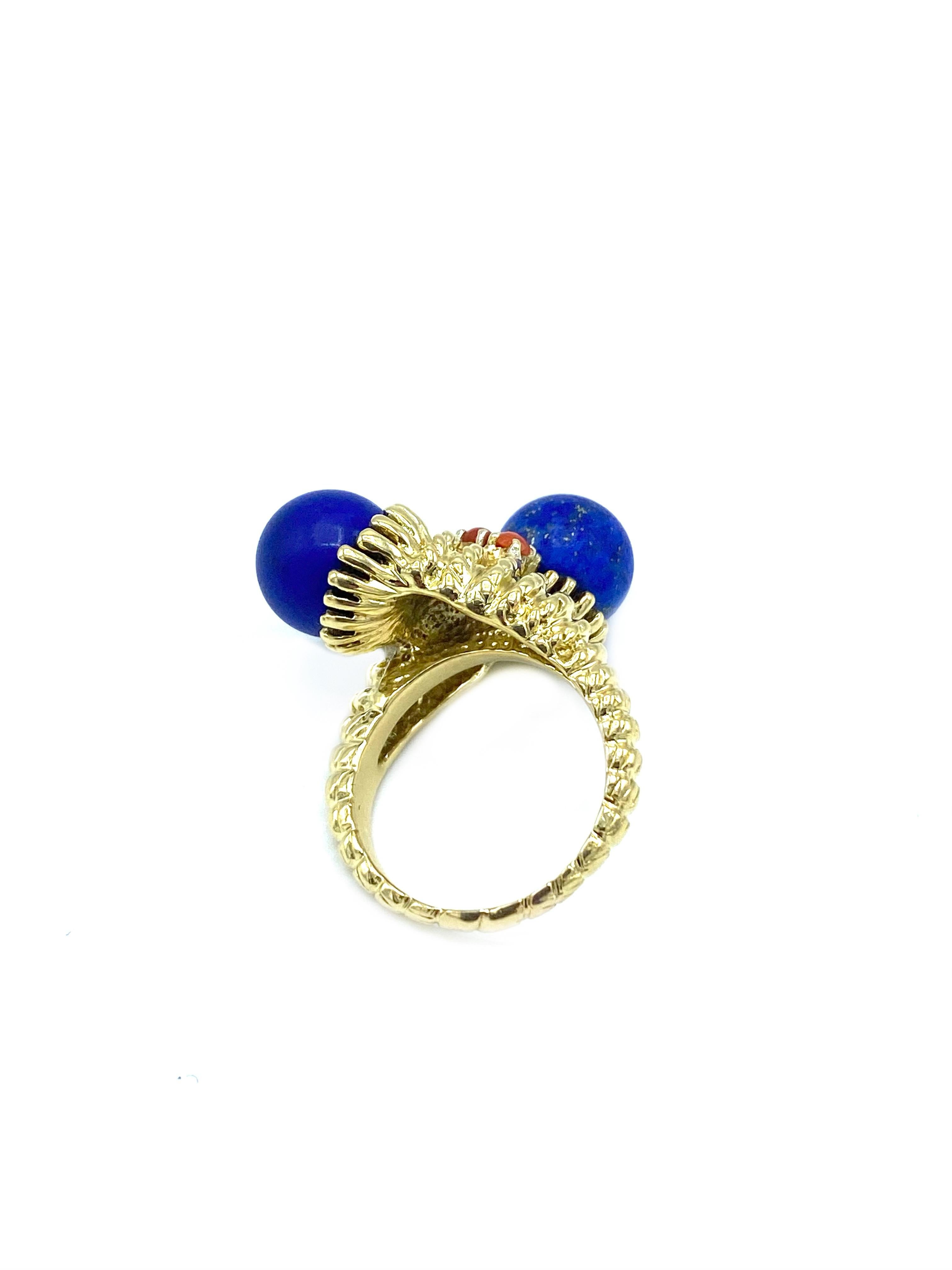 Round Cut Vintage Yellow Gold, Lapis and Coral Bypass Coctail Ring 
