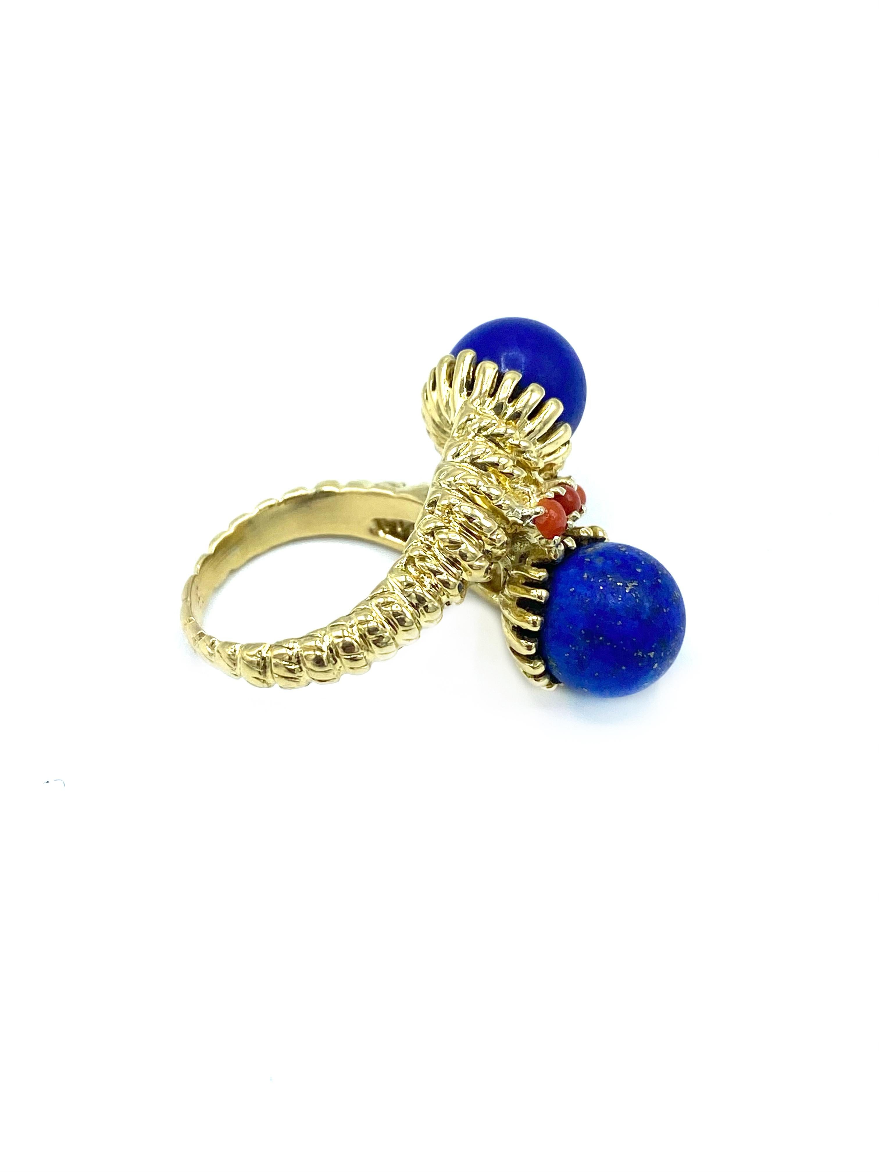 Vintage Yellow Gold, Lapis and Coral Bypass Coctail Ring  In Excellent Condition In Beverly Hills, CA