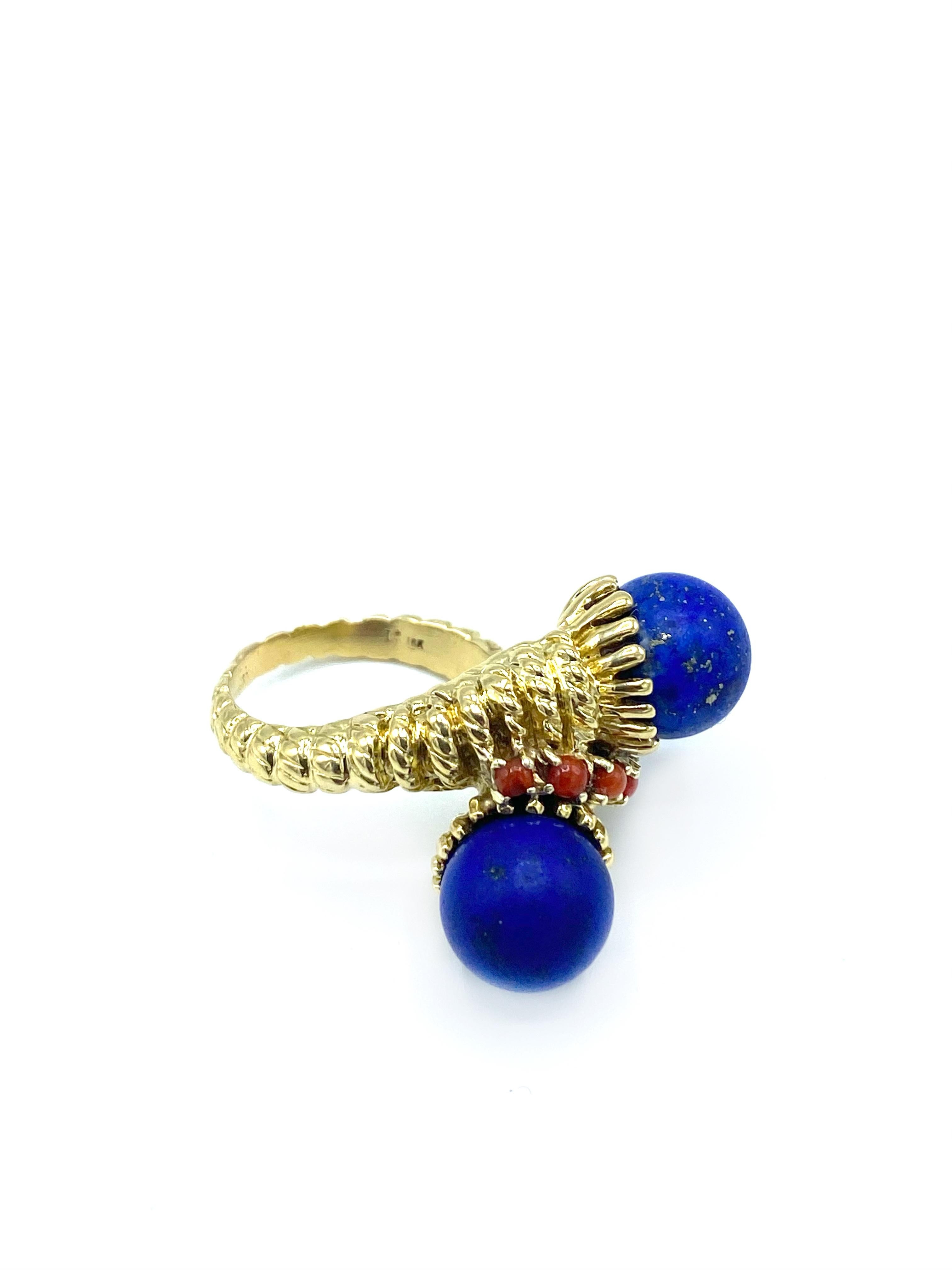 Women's or Men's Vintage Yellow Gold, Lapis and Coral Bypass Coctail Ring 