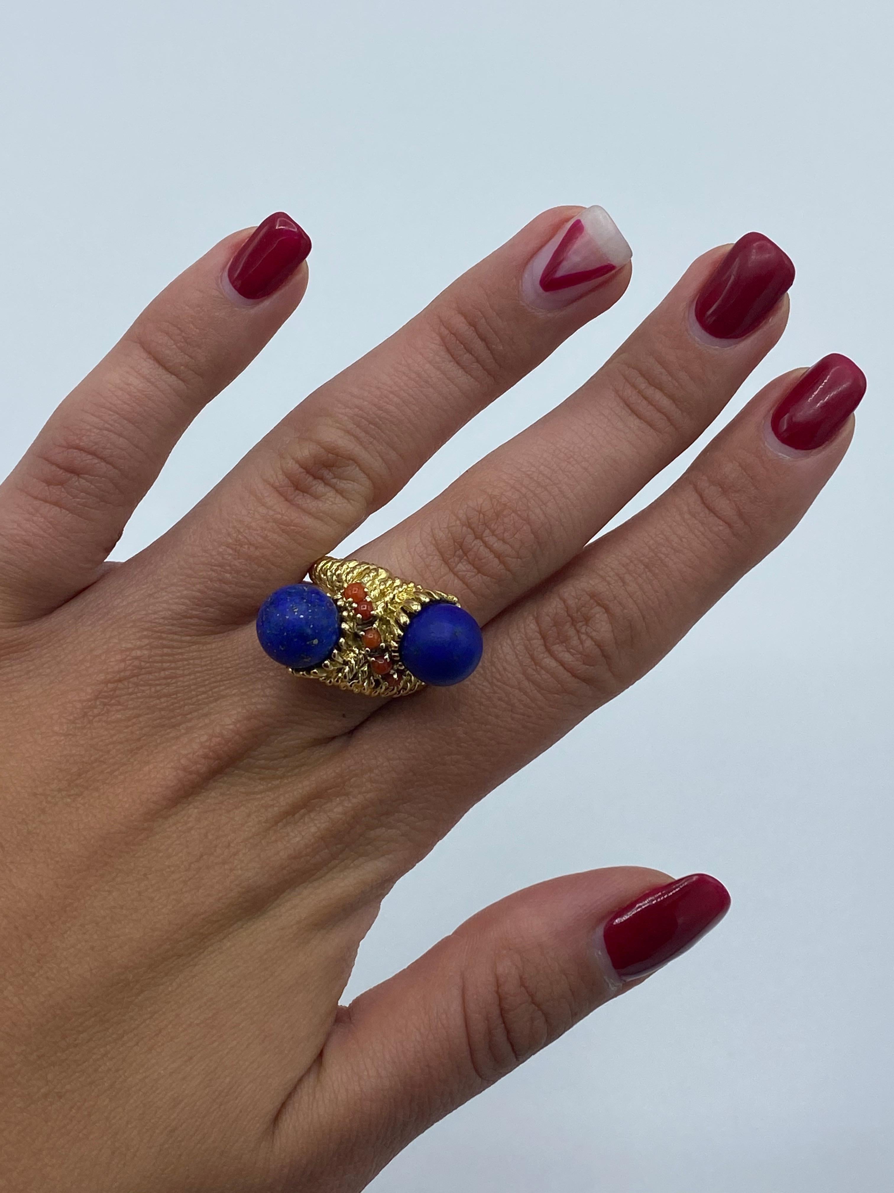 Vintage Yellow Gold, Lapis and Coral Bypass Coctail Ring  2