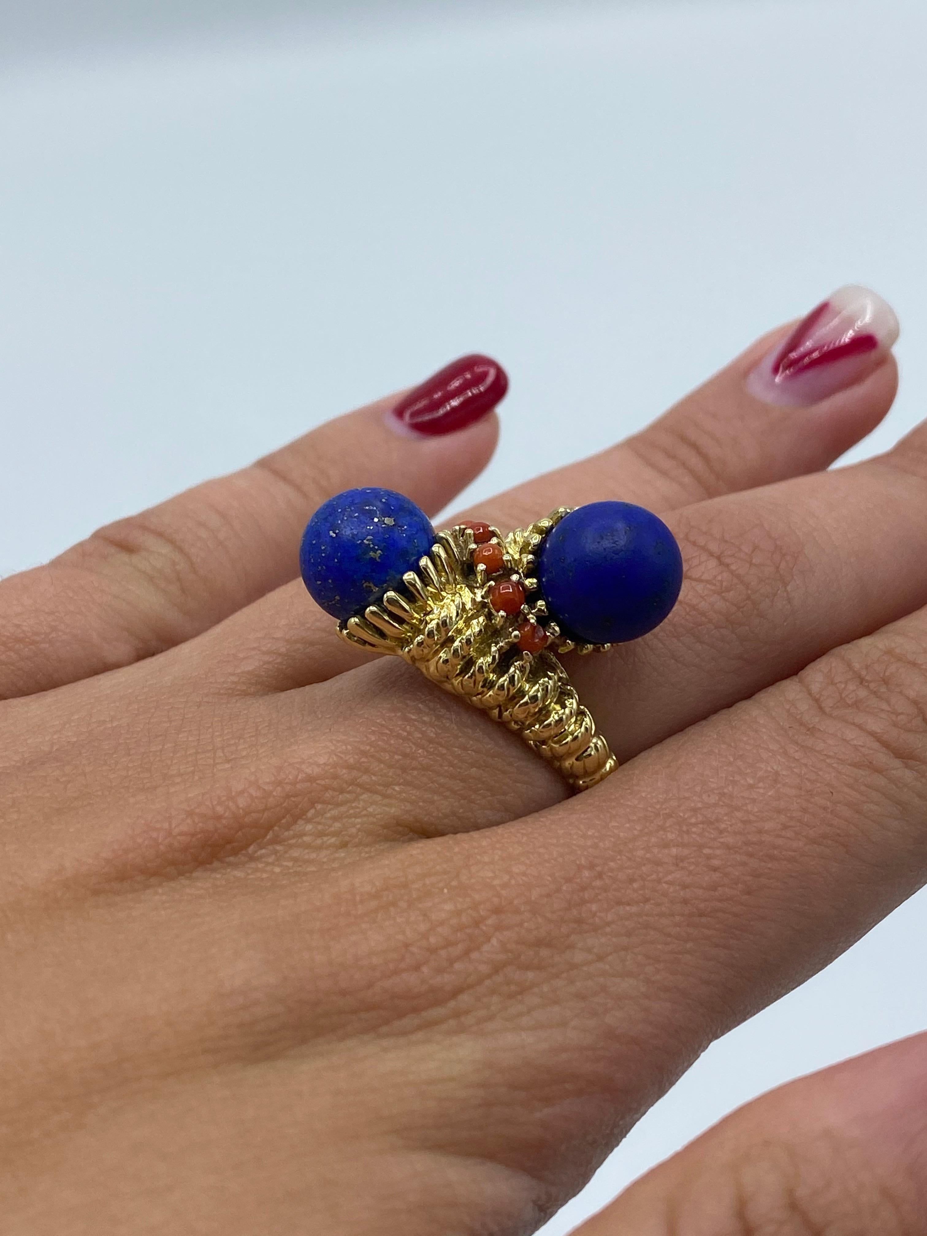 Vintage Yellow Gold, Lapis and Coral Bypass Coctail Ring  3