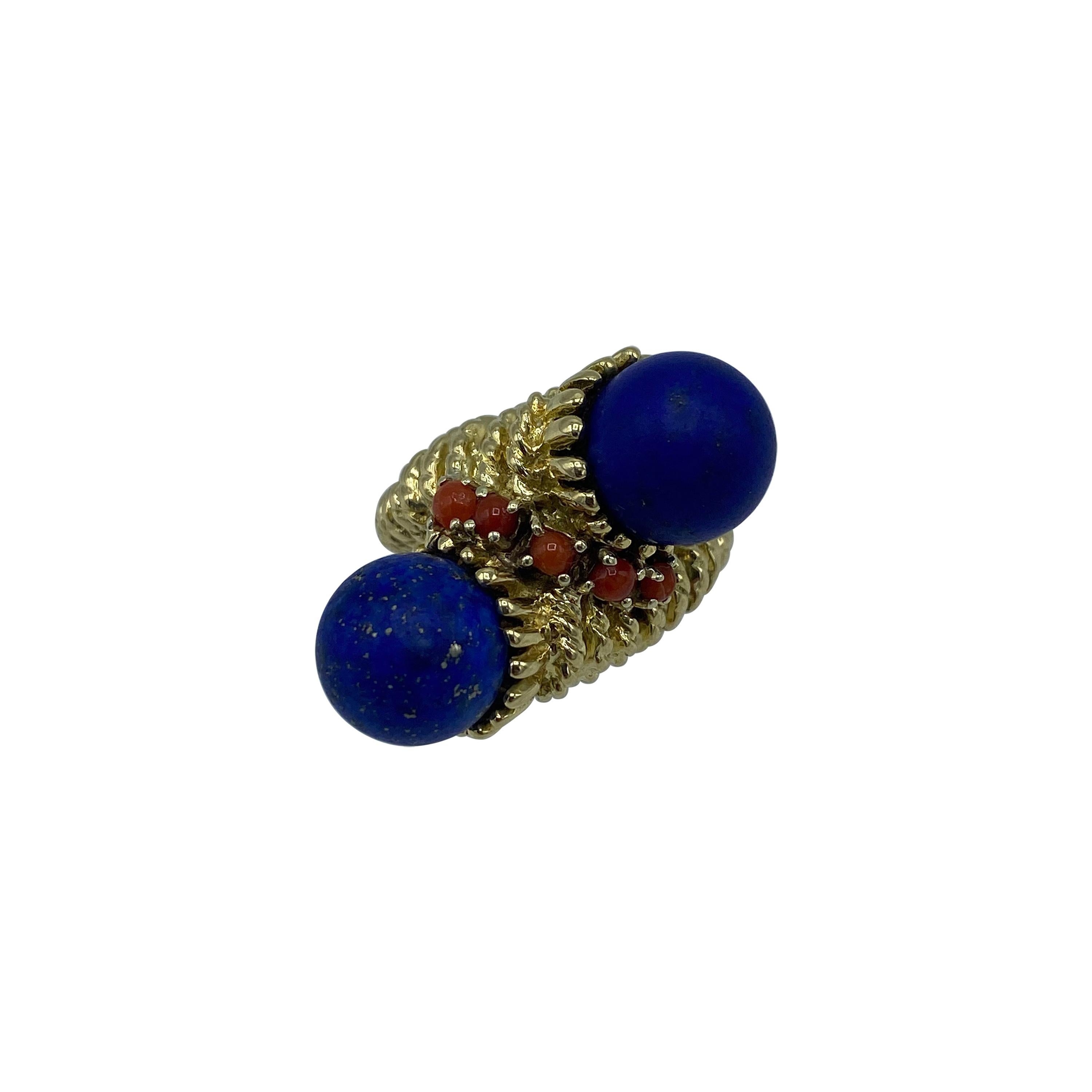 Vintage Yellow Gold, Lapis and Coral Bypass Coctail Ring 