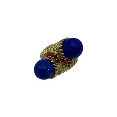 Vintage Yellow Gold, Lapis and Coral Bypass Coctail Ring