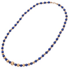 Vintage Yellow Gold Lapis Lazuli Beaded Long Strand Necklace