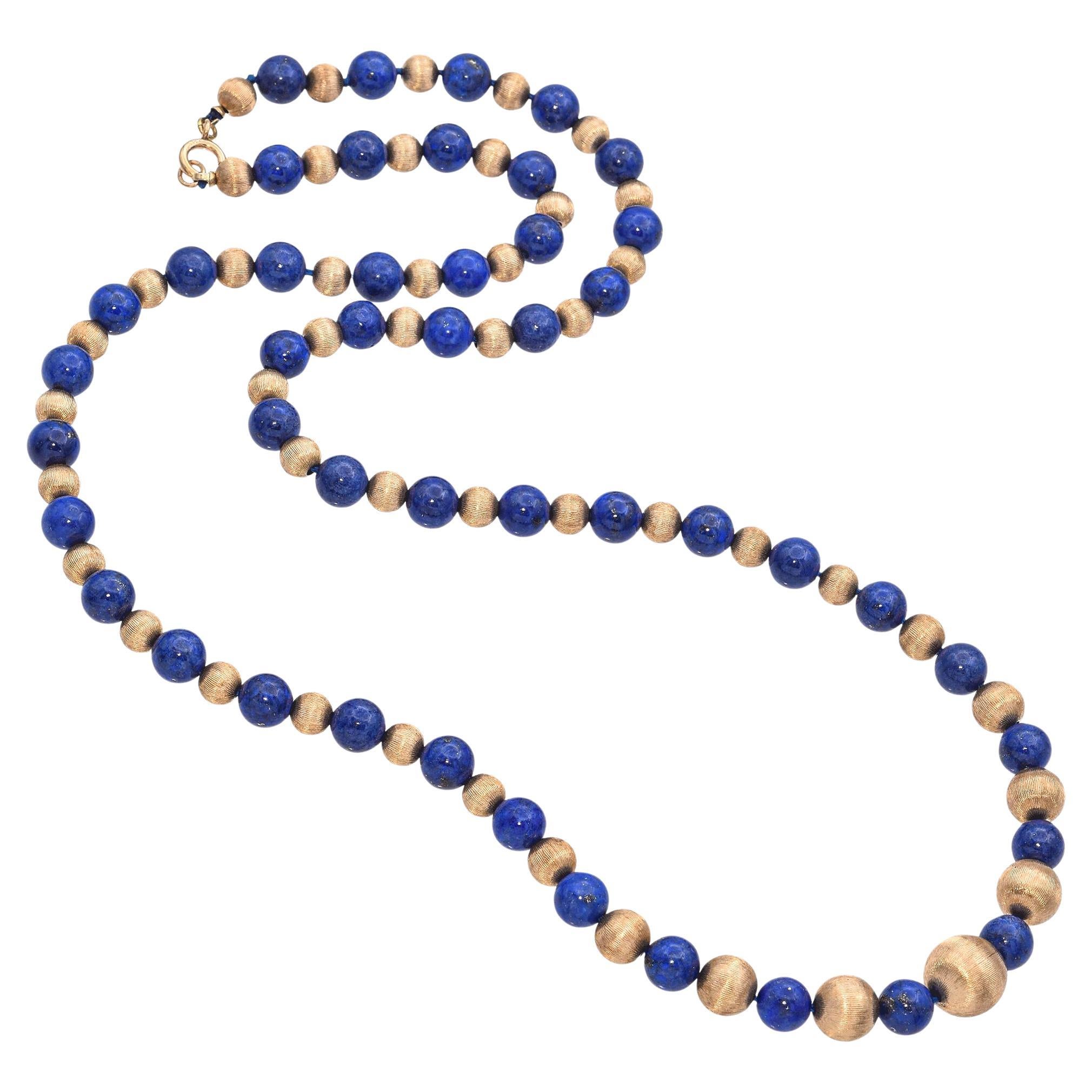 Collier long en Lapis Lazuli perlé en or jaune vintage