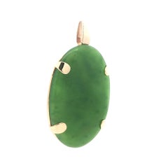 Vintage Yellow Gold Large Oval Cut Rounded Prong Set Green Jade Pendant