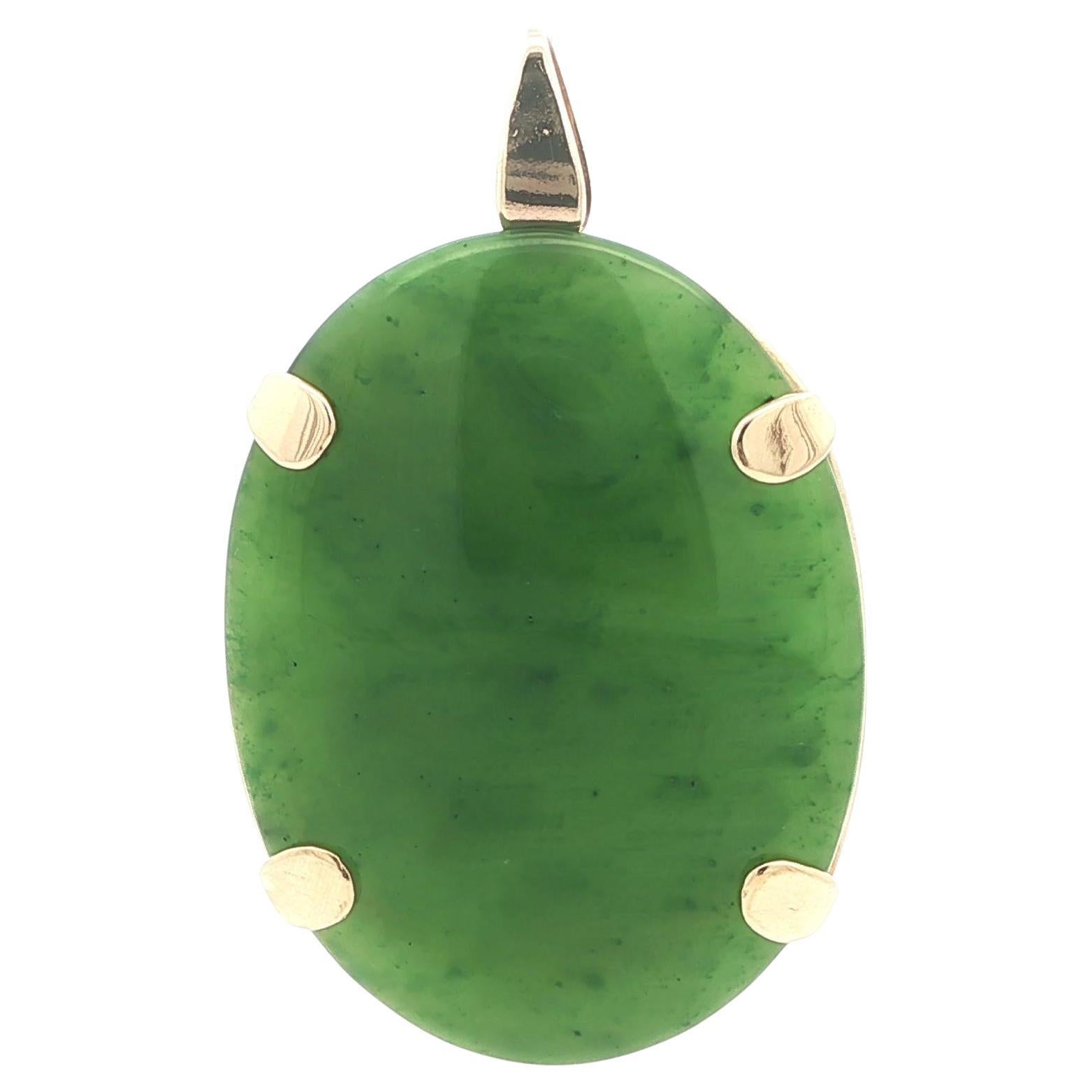 Vintage Yellow Gold Large Oval Cut Rounded Prong Set Green Jade Pendant