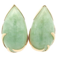 Vintage Yellow Gold Large Pear Cabochon Jade Gold Flame Omega Earrings
