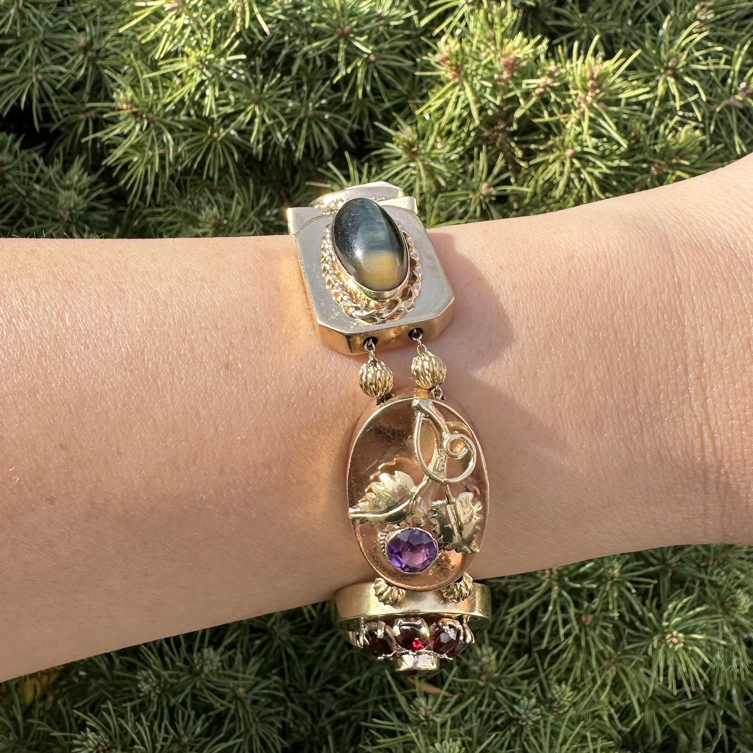 Vintage Yellow Gold Large Large Heavy Gemstone Snake Flower Slide Bracelet en vente 5