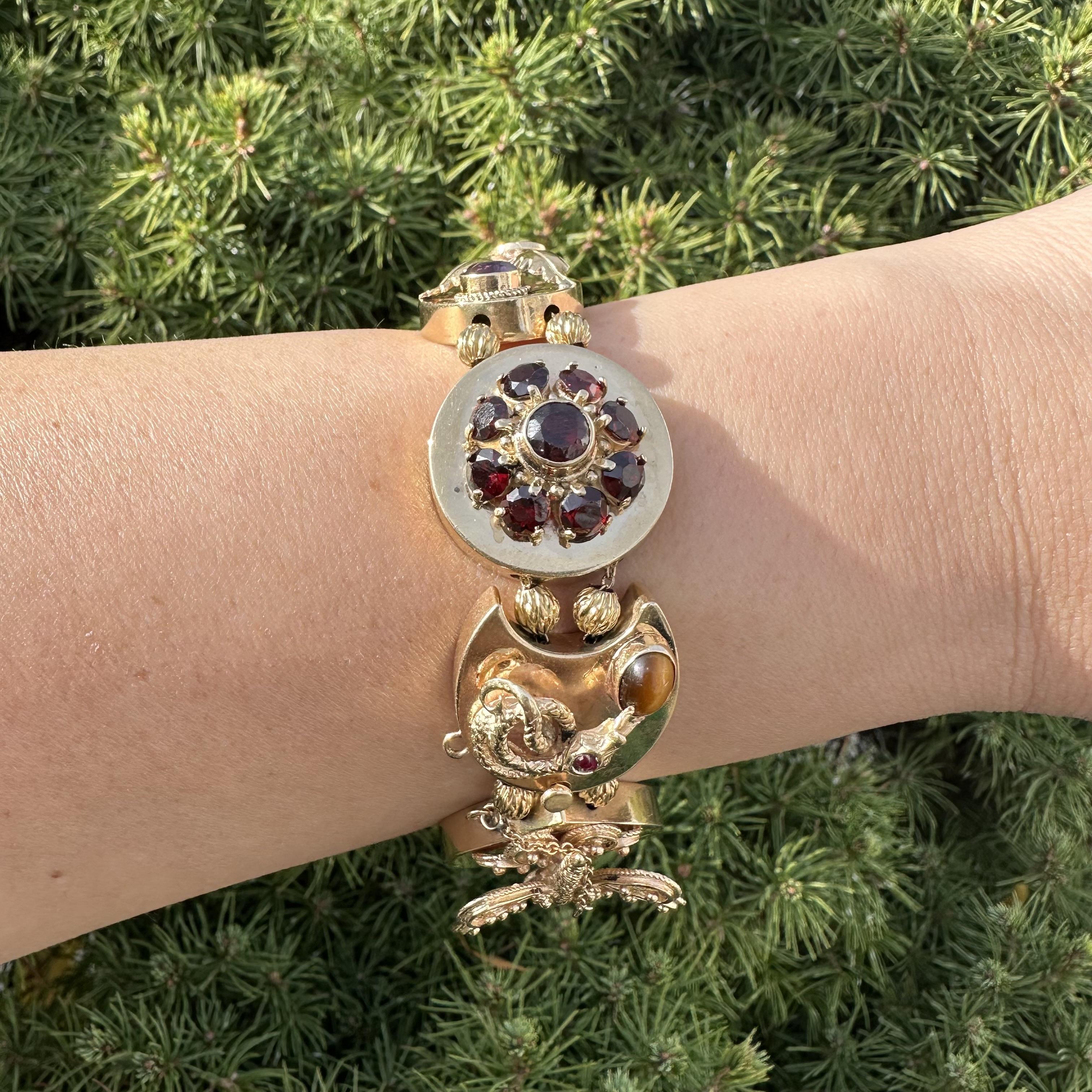 Vintage Yellow Gold Large Large Heavy Gemstone Snake Flower Slide Bracelet en vente 6