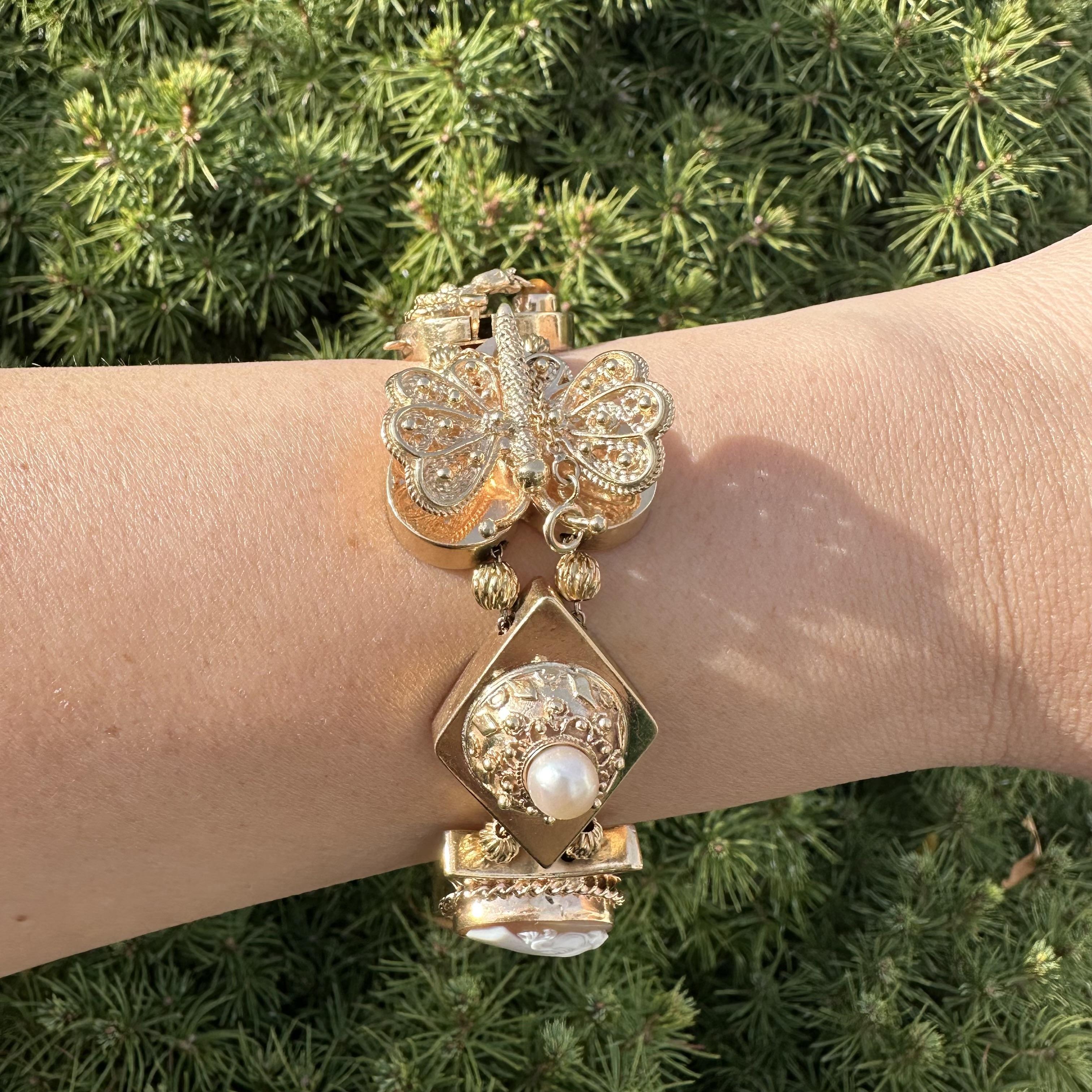 Vintage Yellow Gold Large Large Heavy Gemstone Snake Flower Slide Bracelet en vente 7