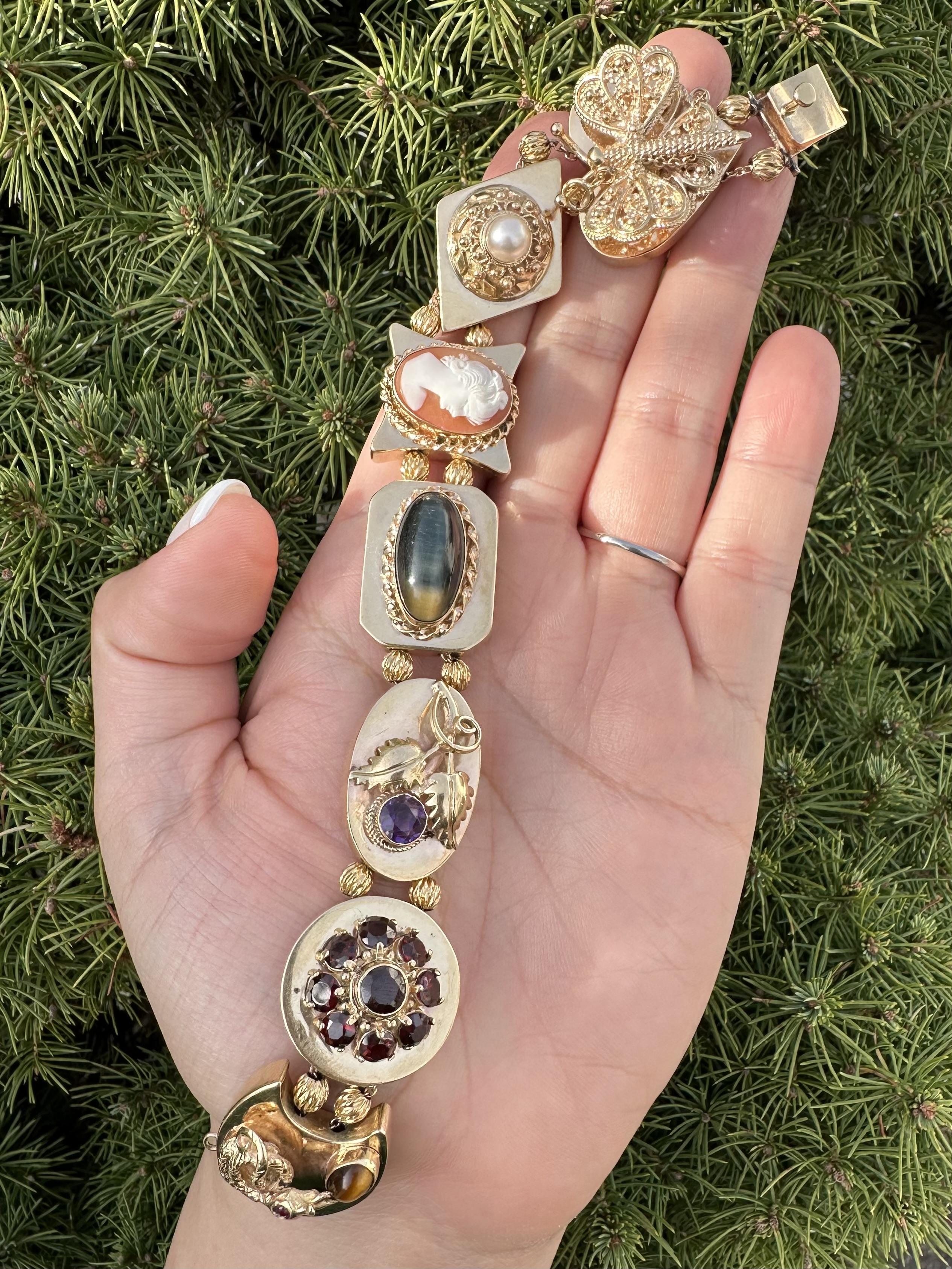 Vintage Yellow Gold Large Large Heavy Gemstone Snake Flower Slide Bracelet en vente 8