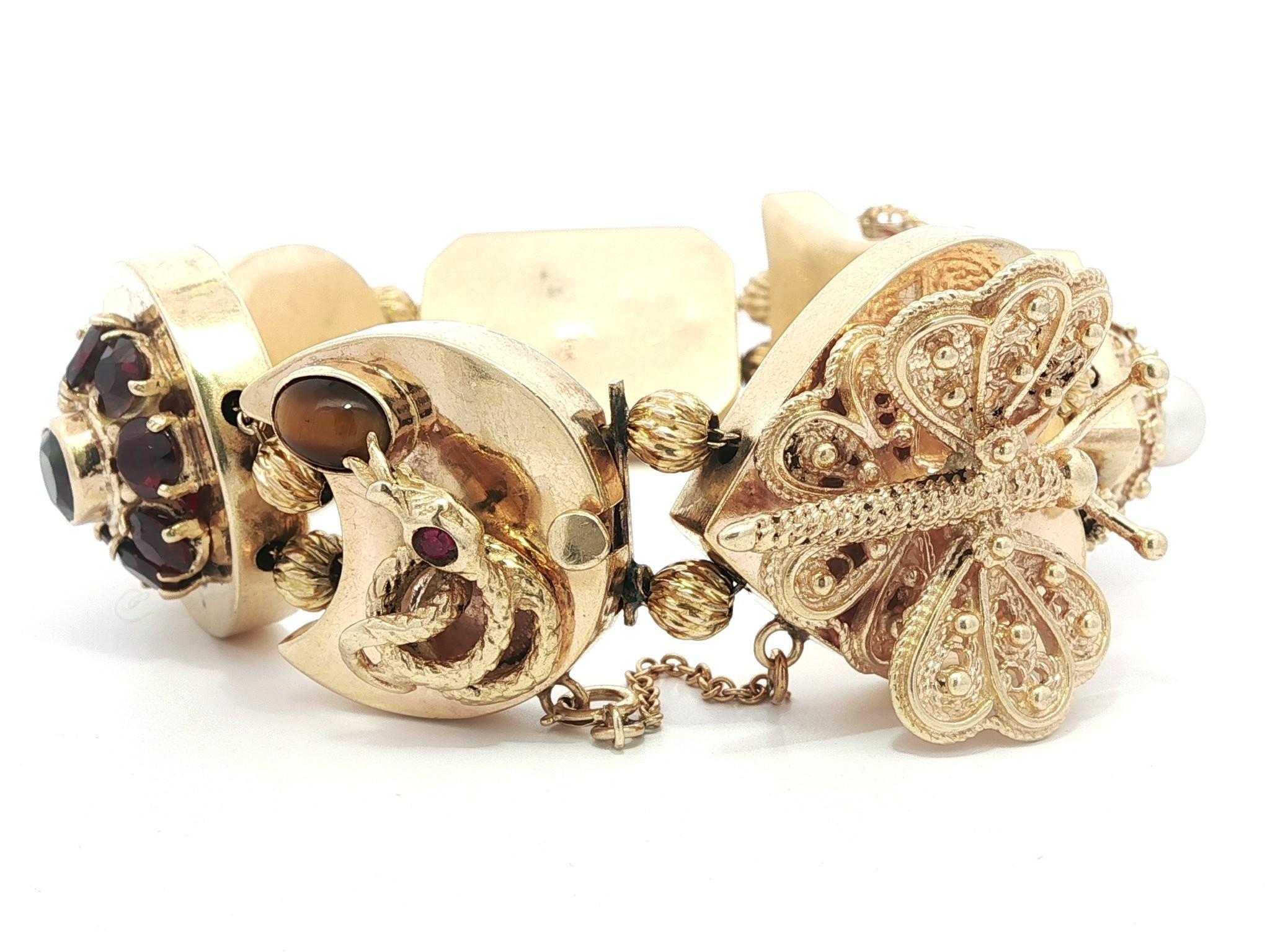 Vintage Yellow Gold Large Large Heavy Gemstone Snake Flower Slide Bracelet Bon état - En vente à Montclair, NJ