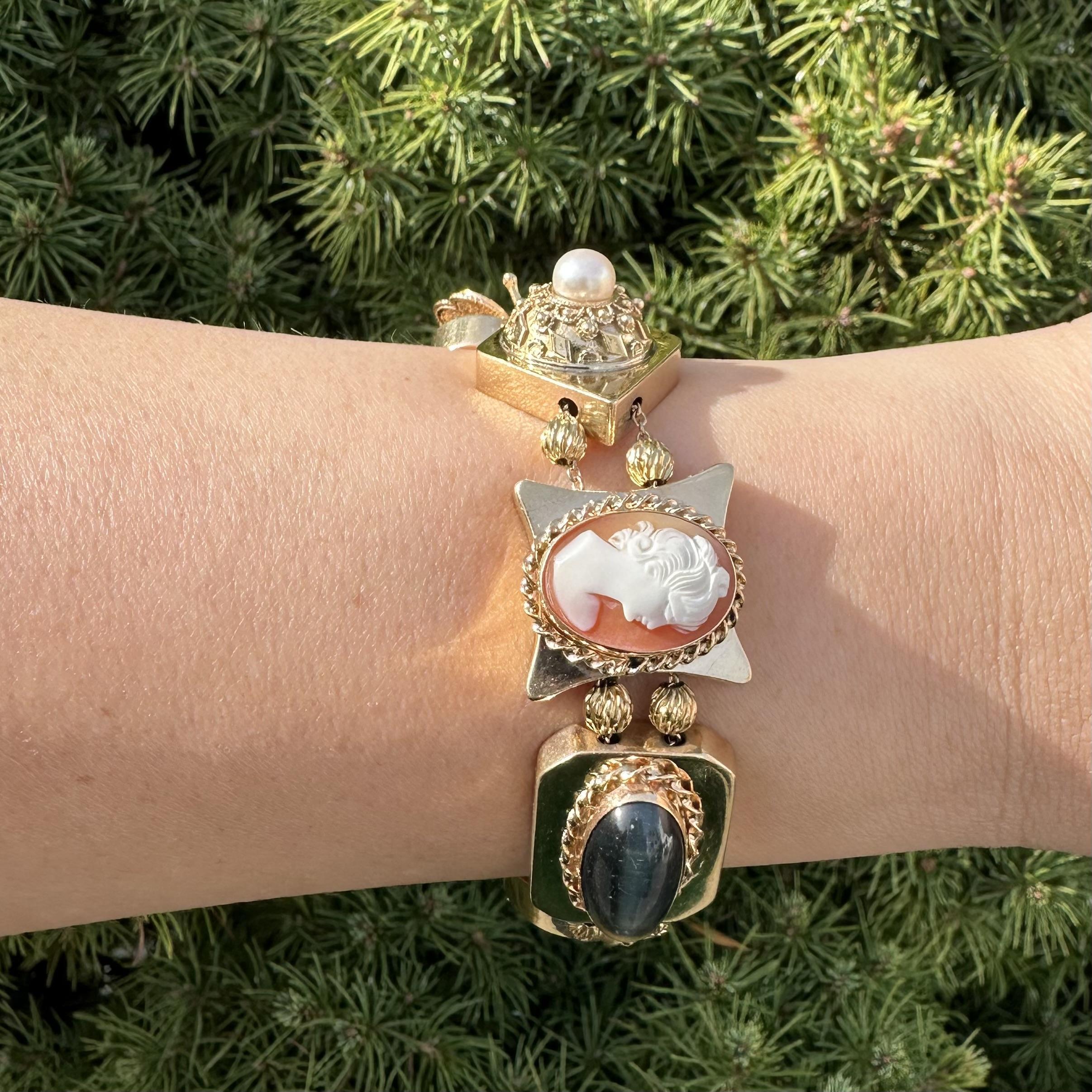 Vintage Yellow Gold Large Large Heavy Gemstone Snake Flower Slide Bracelet en vente 4