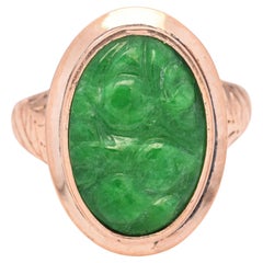 Vintage Yellow Gold Leaf Motif with Carved Green Jade Ring