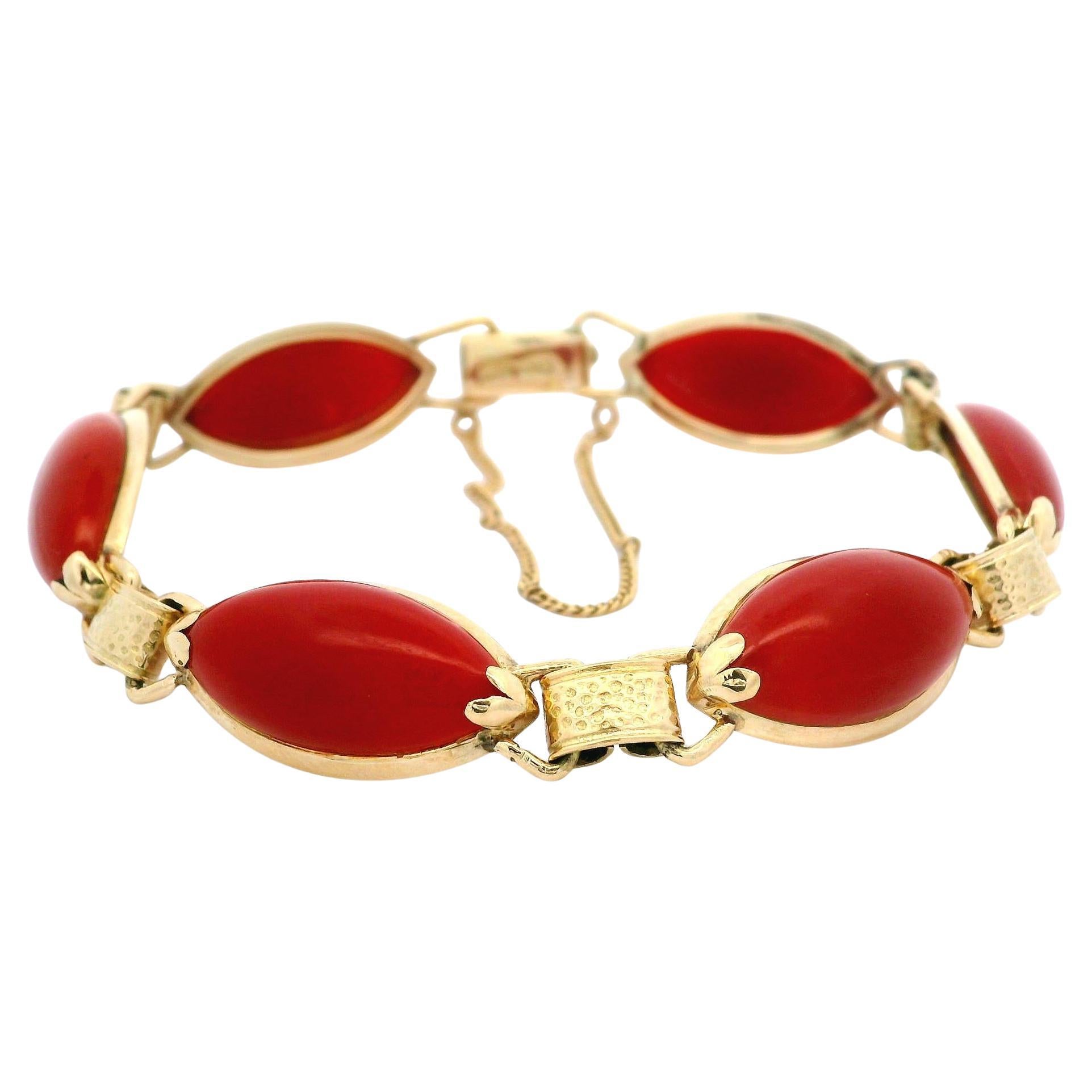 Vintage Yellow Gold Marquise Cabochon Synthetic Coral Link Bracelet