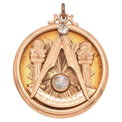 Vintage Yellow Gold Masonic Pendant with Diamonds and Moonstone Face
