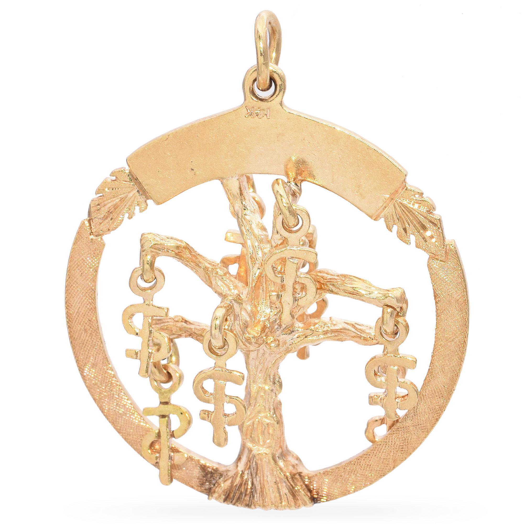 Vintage Yellow Gold Money Tree 3D Dangle Open Circle Pendant In Good Condition For Sale In New York, NY