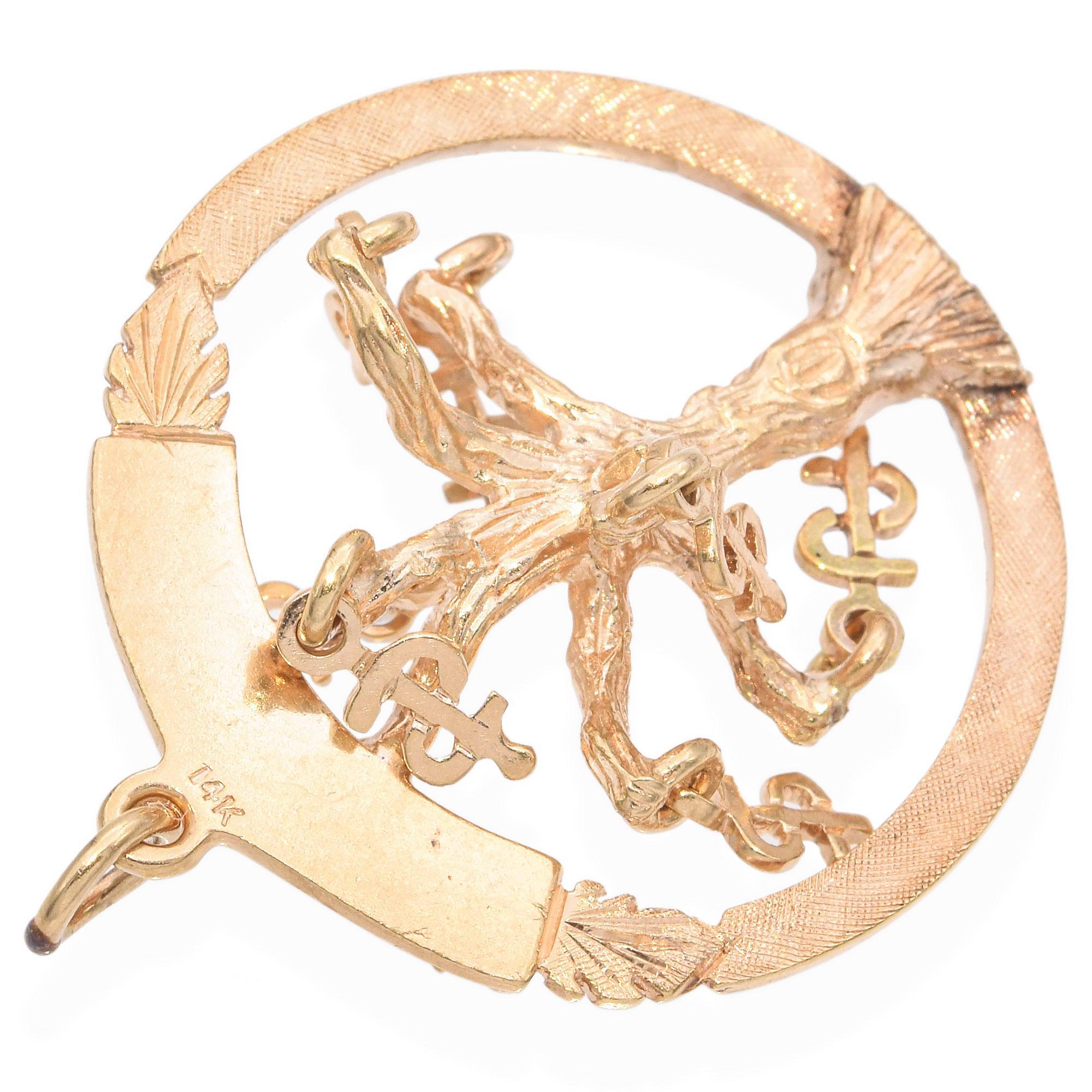 Women's Vintage Yellow Gold Money Tree 3D Dangle Open Circle Pendant For Sale