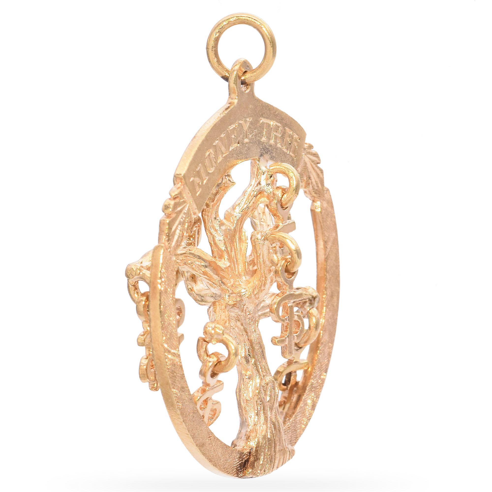 Vintage Yellow Gold Money Tree 3D Dangle Open Circle Pendant For Sale 1