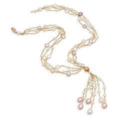 Vintage Yellow Gold Multi-Color Cultured Pearl Tassel Necklace