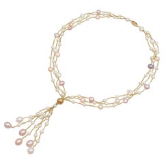 Vintage Yellow Gold Multi-Color Cultured Pearl Tassel Necklace