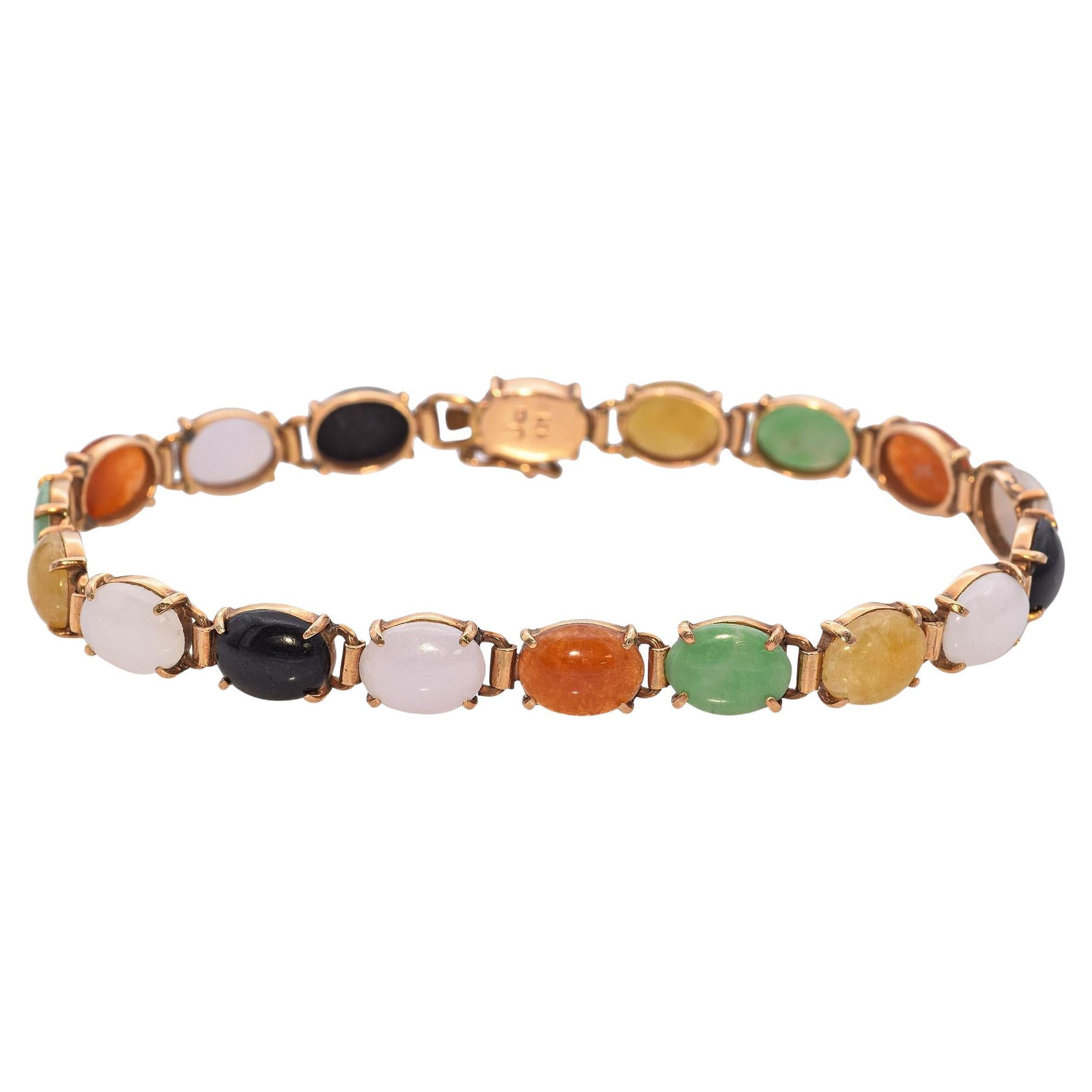 Vintage Yellow Gold Multi Color Jade Cabochon Bracelet