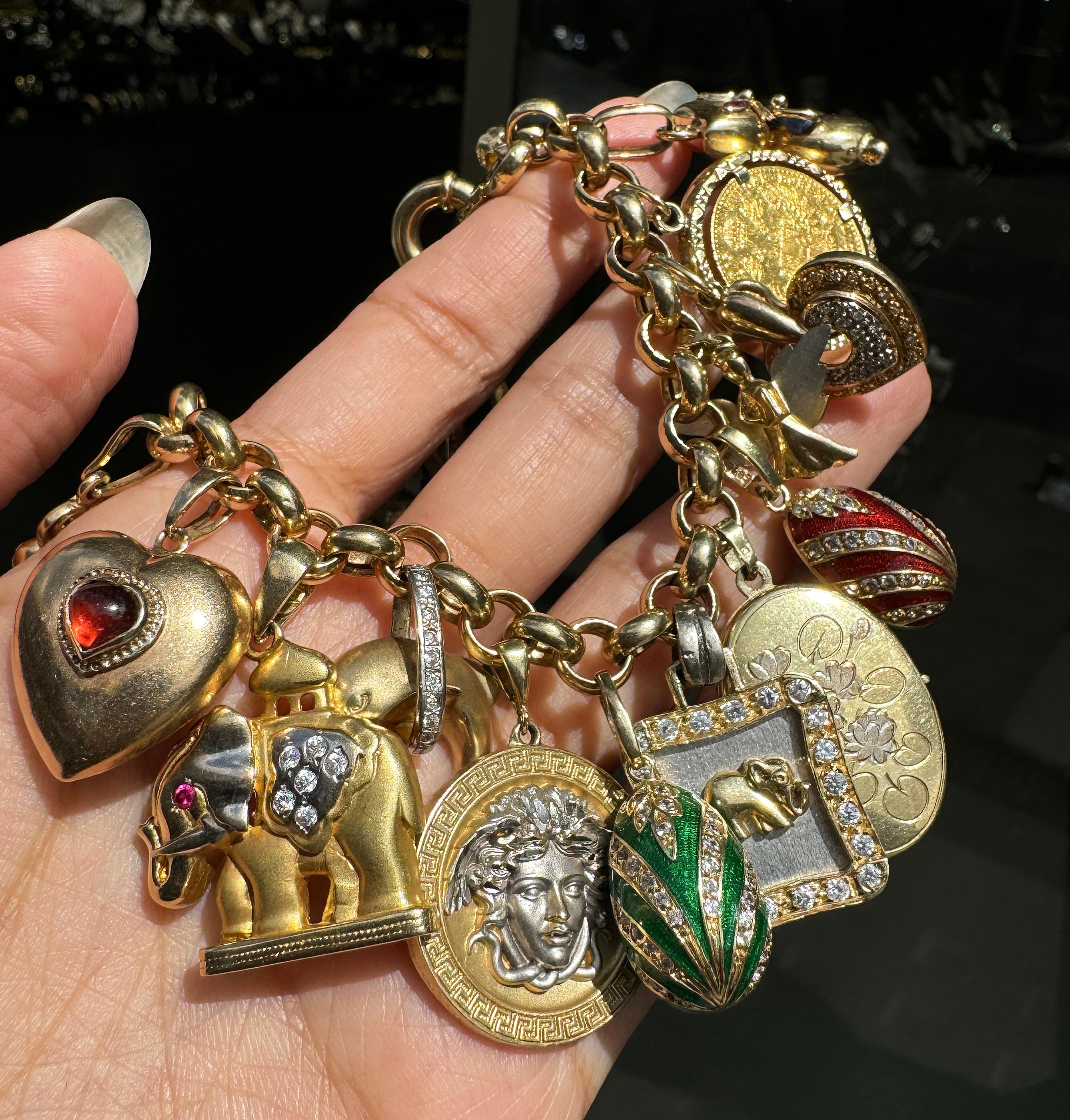 Women's or Men's Vintage Yellow Gold Multi-Gemstone Chunky Charm Bracelet