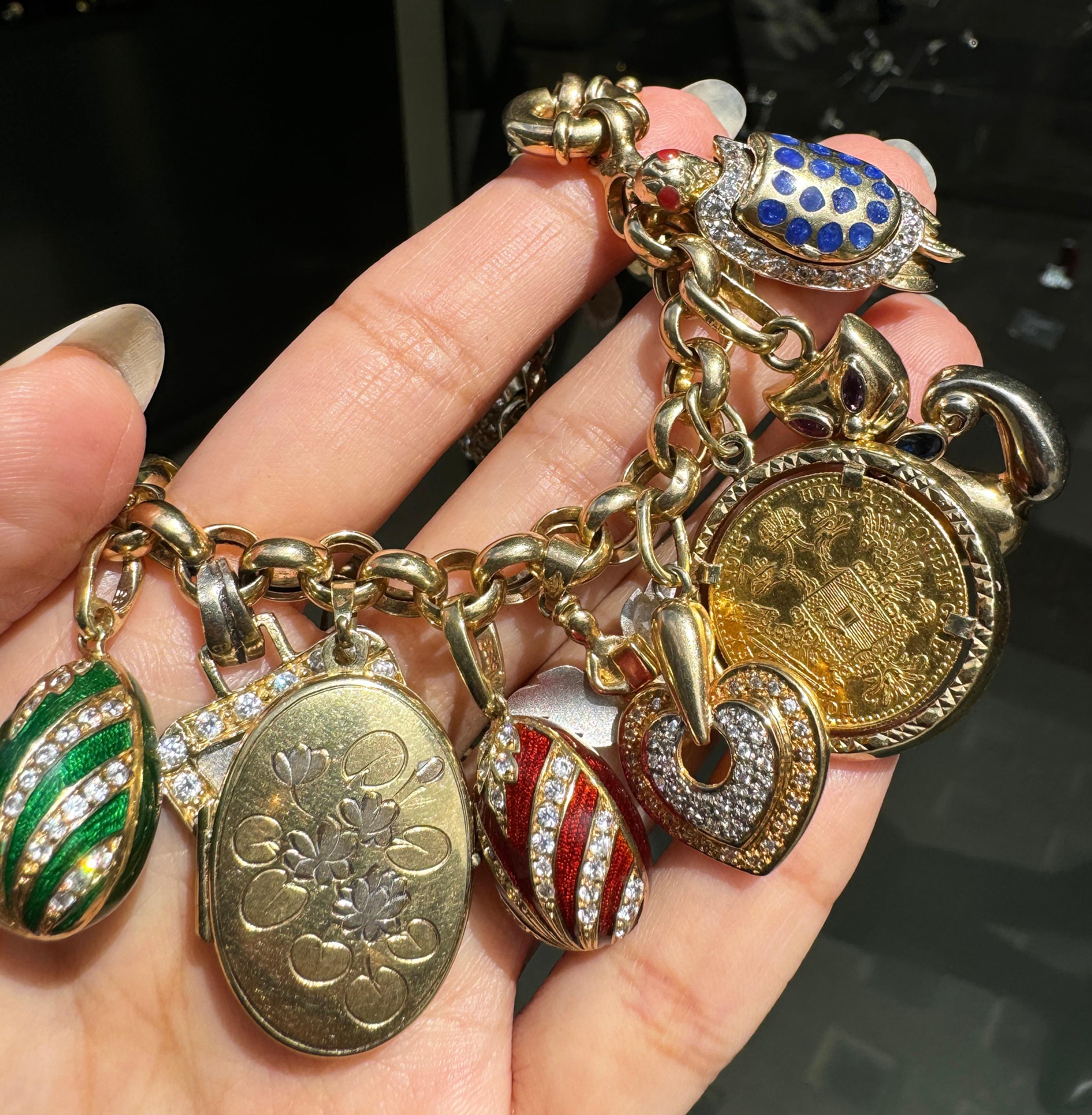 Vintage Yellow Gold Multi-Gemstone Chunky Charm Bracelet 1