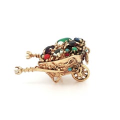 Vintage Yellow Gold Multi Gemstones Functional Wheelbarrow Pendant Charm
