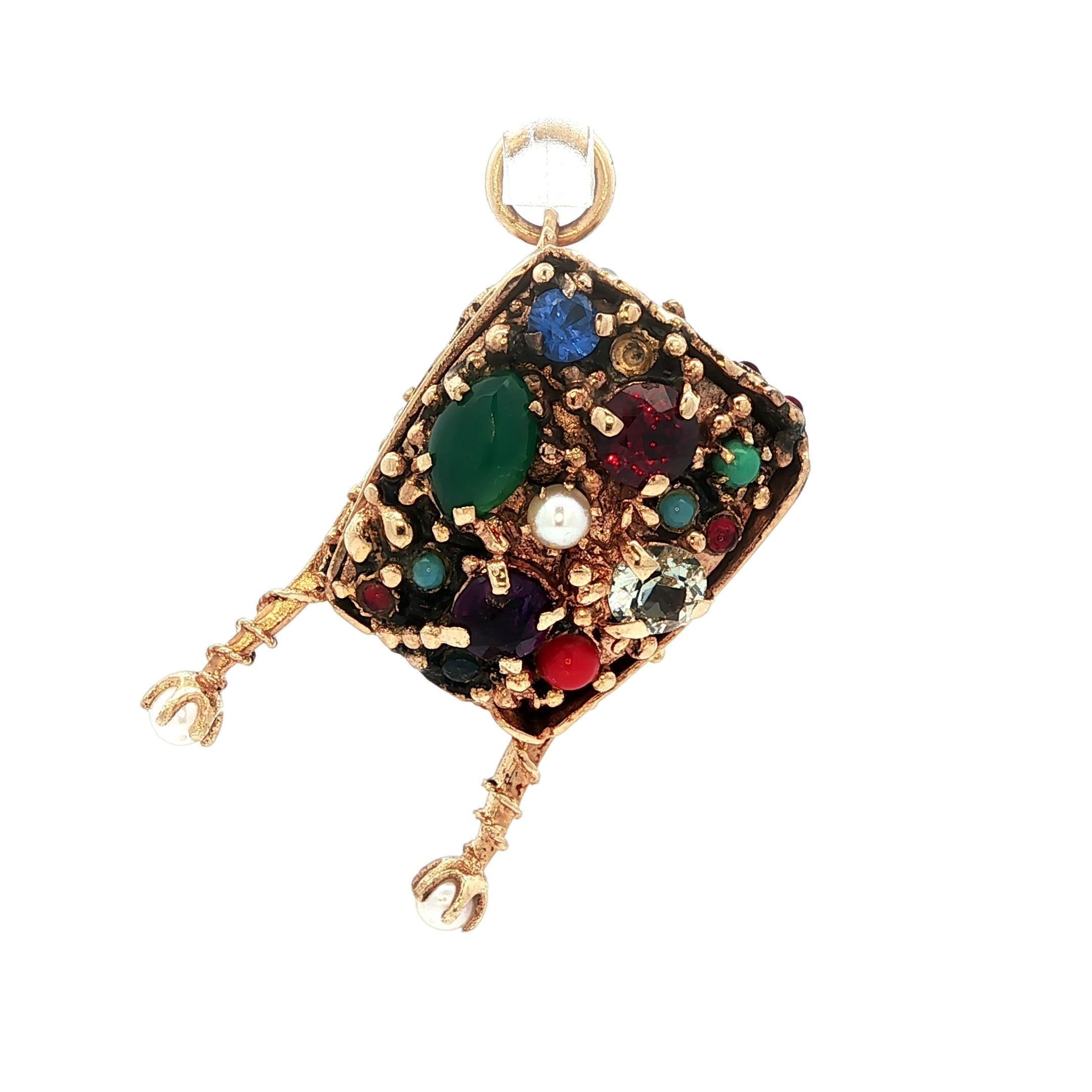 Pendentif Brouette Fonctionnelle en or jaune Vintage multi pierres en vente 2