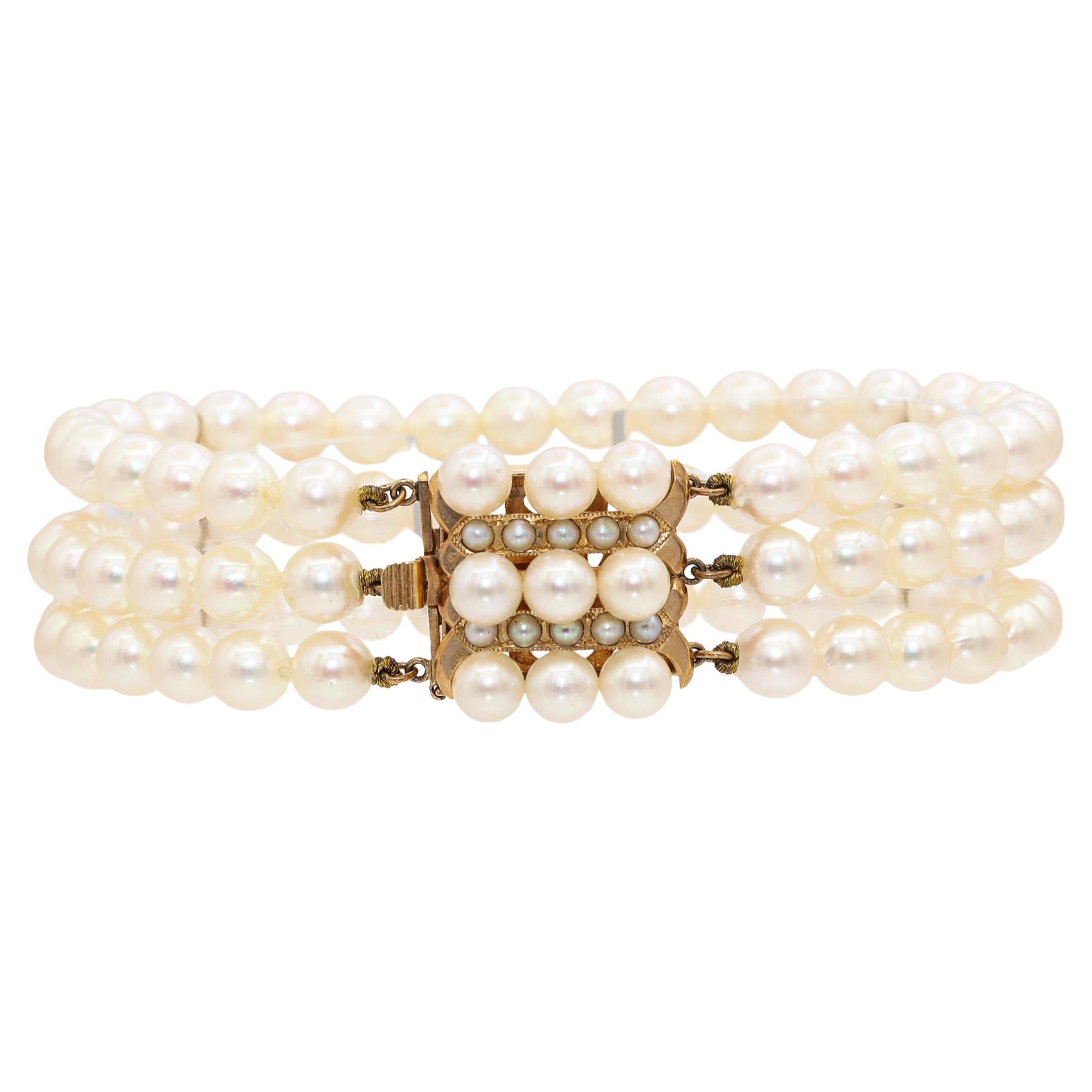 Vintage Yellow Gold Multi Strand Akoya Pearl Bracelet