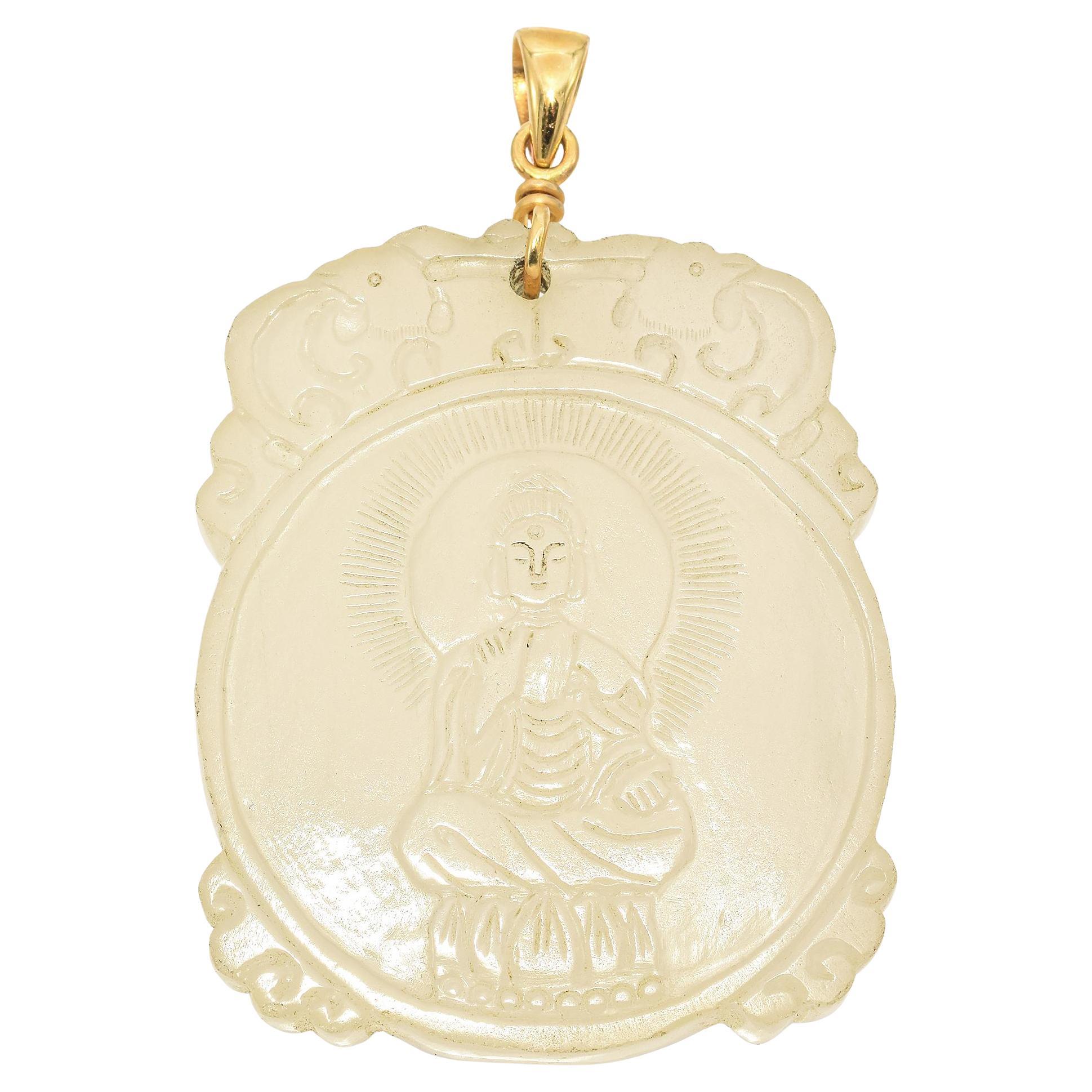 Ciondolo reversibile di Buddha scolpito in giada e grasso di montone in oro giallo vintage