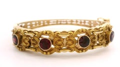Vintage Yellow Gold Old Round Garnet Textured Open Work Hinged Bangle Bracelet