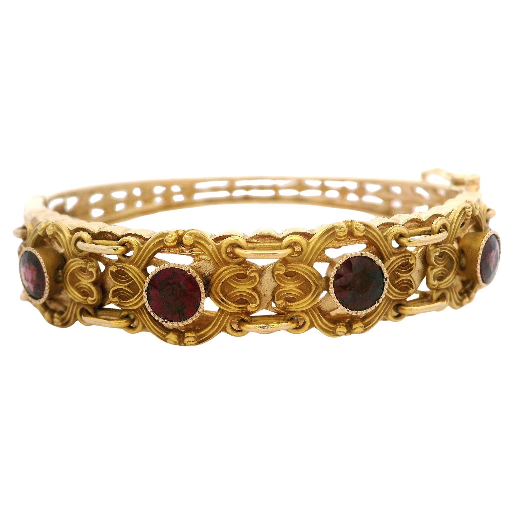 Vintage Yellow Gold Old Round Garnet Textured Open Work Hinged Bangle Bracelet