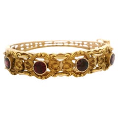 Vintage Yellow Gold Old Round Garnet Textured Open Work Hinged Bangle Bracelet