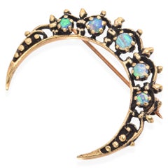 Vintage Yellow Gold Opal Crescent Moon Brooch
