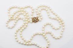 Vintage Yellow Gold Opal and Cultured Pearl Double Strand Opera Length Necklace