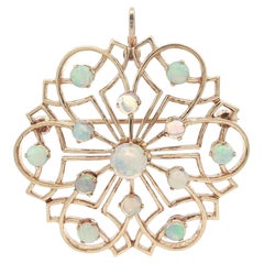 Vintage Yellow Gold Opal Spray Open Work Round Design Pin Brooch Pendant