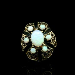 Vintage Yellow Gold Opal w/ Black Enamel Open Work Foliage Dome Cocktail Ring
