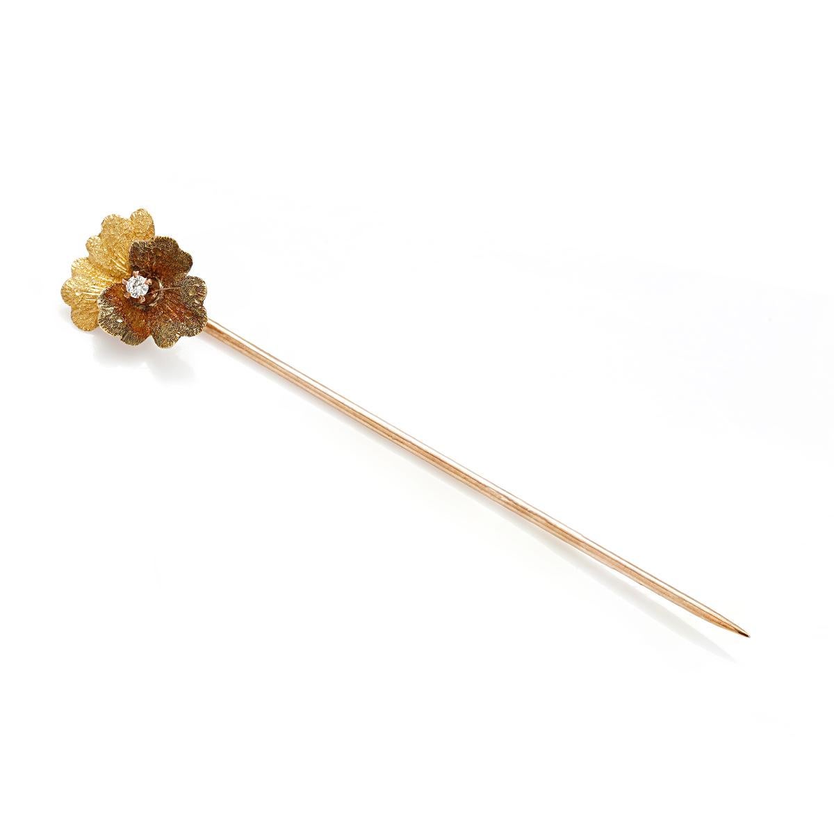 Round Cut Vintage Yellow Gold Orchid Diamond Enamel Stick Pin