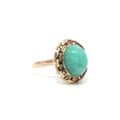Vintage Yellow Gold Oval Cabochon Bezel Blue Stone Detailed Work Frame Ring