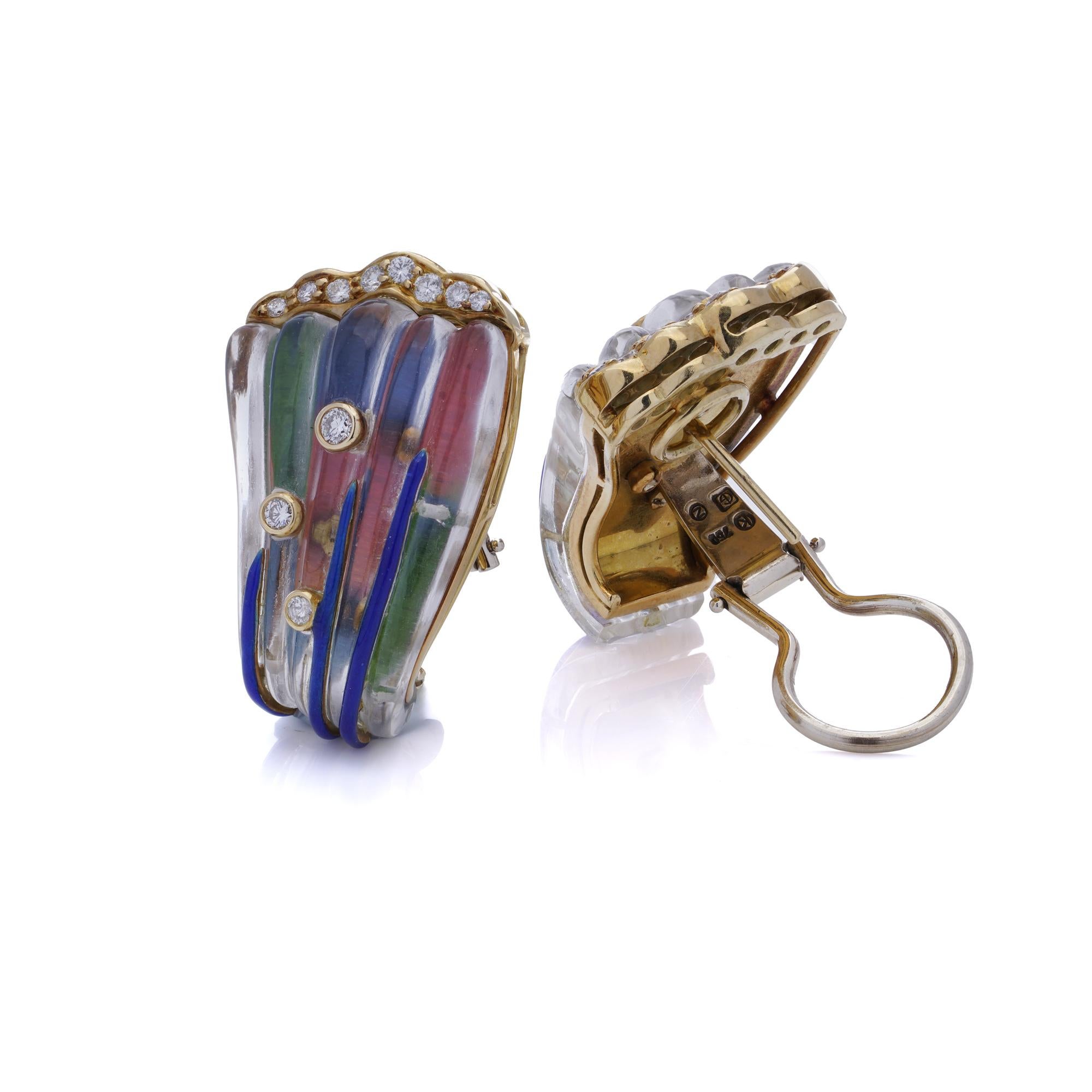 Brilliant Cut Vintage yellow gold pair of rock crystal diamond clip - on earrings. For Sale