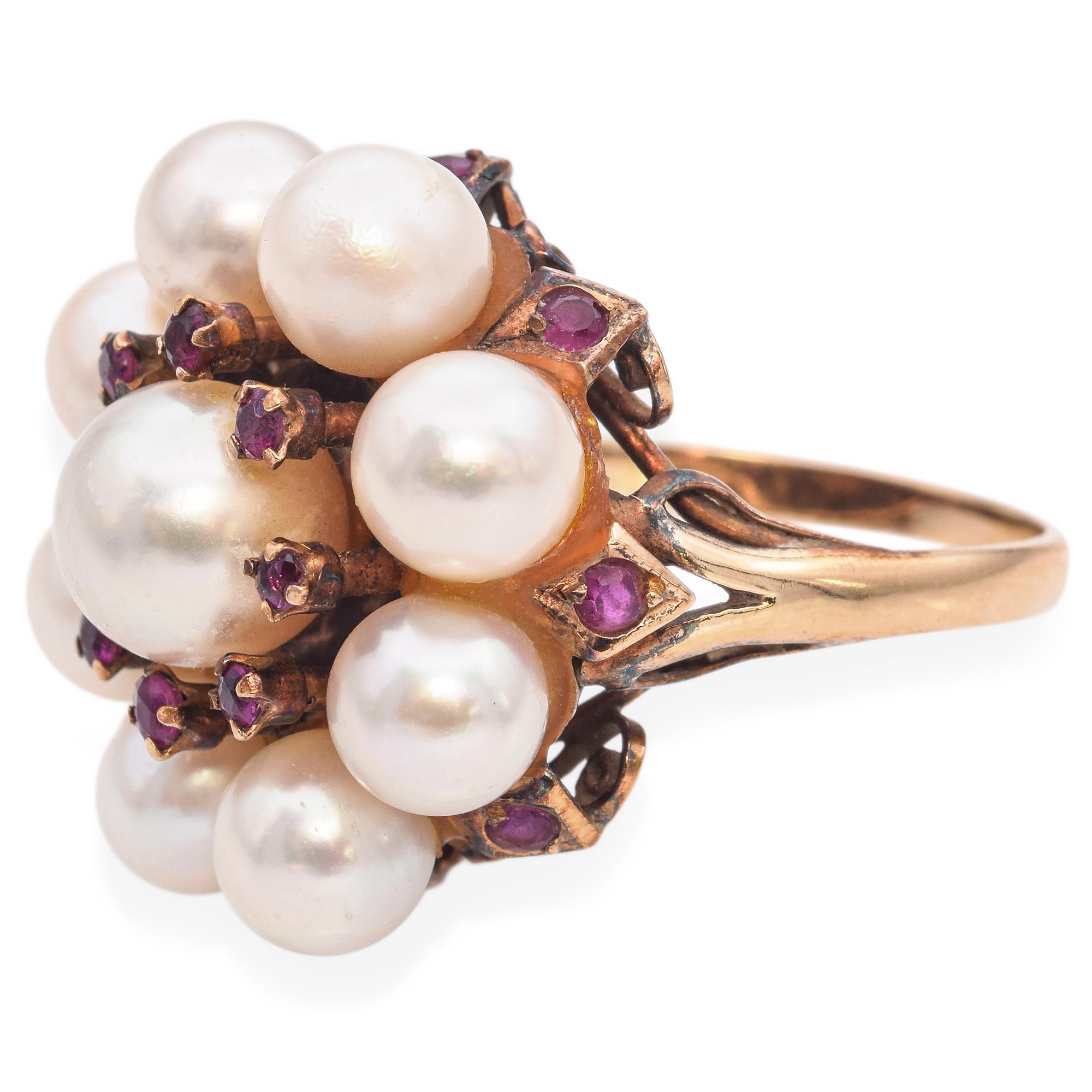 Round Cut Vintage Yellow Gold Pearl and Ruby Cluster Ring For Sale