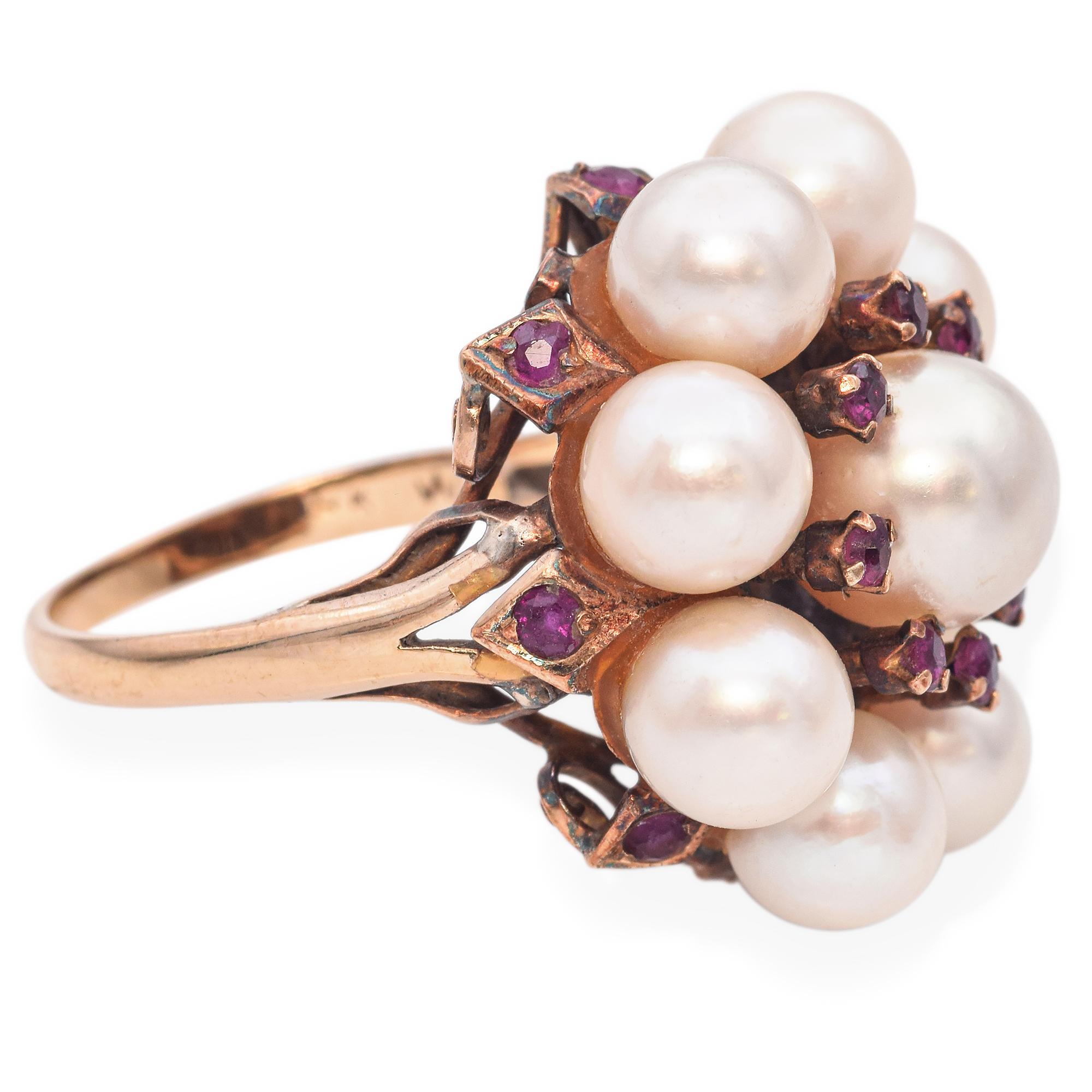 Vintage Yellow Gold Pearl and Ruby Cluster Ring In Good Condition For Sale In New York, NY