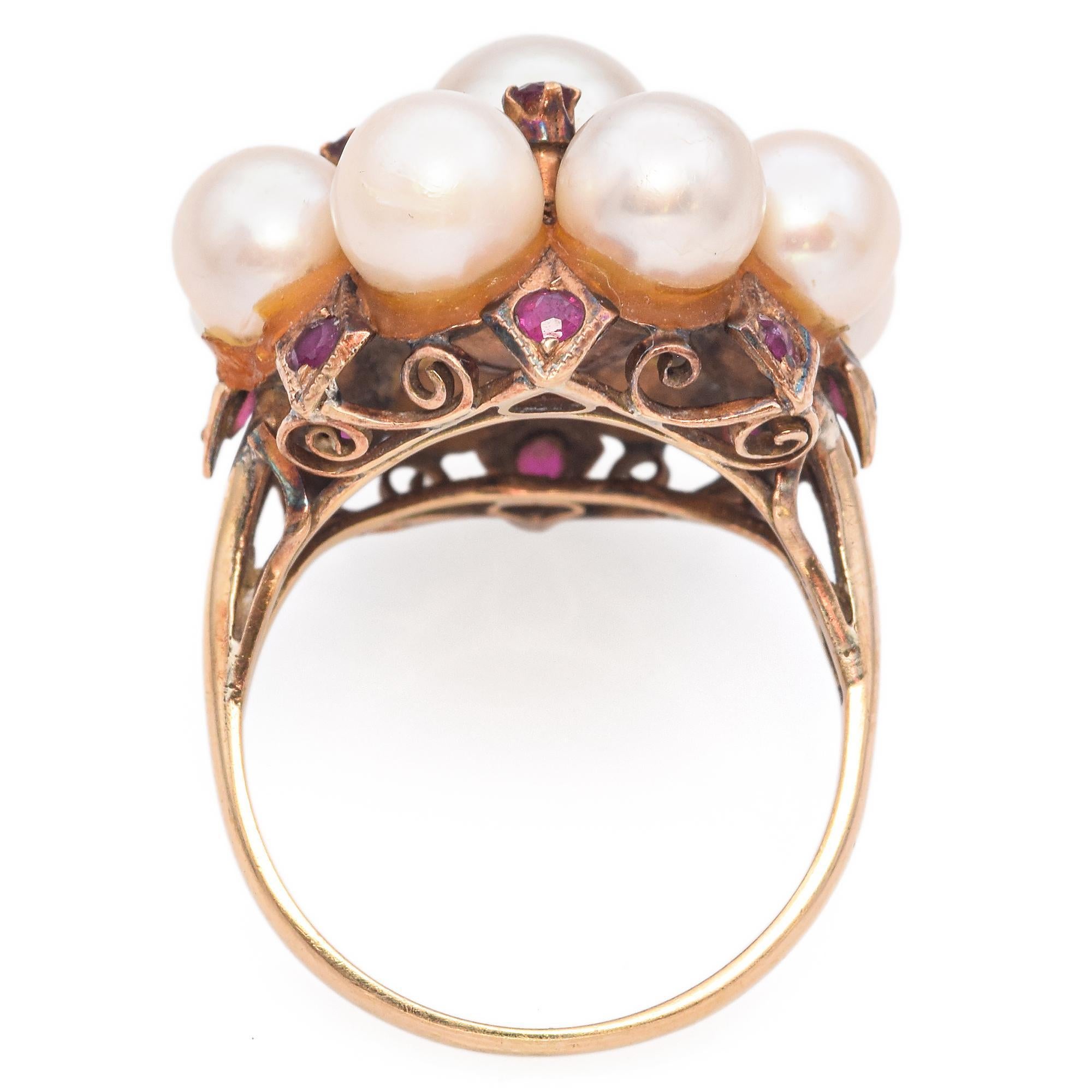 Women's Vintage Yellow Gold Pearl and Ruby Cluster Ring For Sale