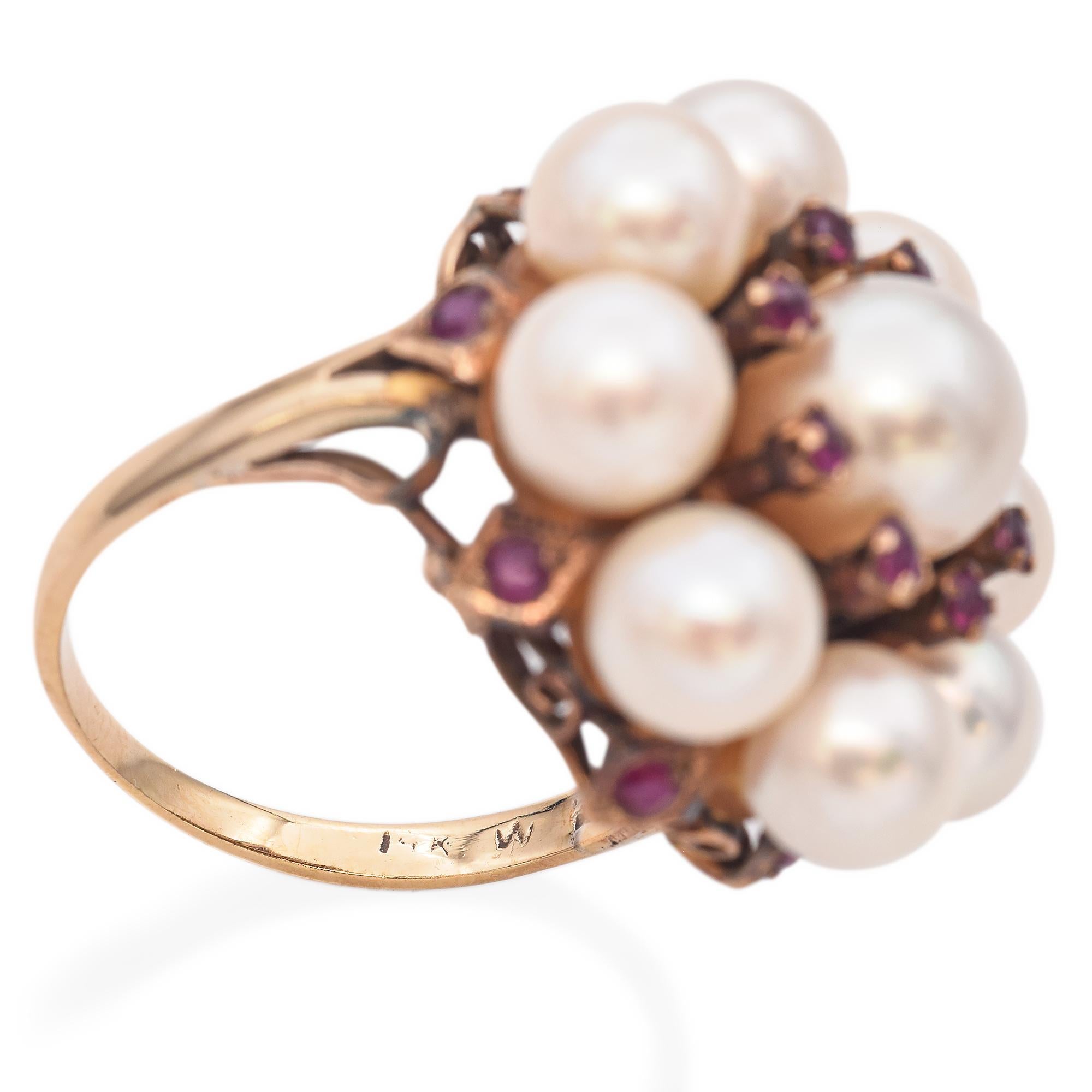 Vintage Yellow Gold Pearl and Ruby Cluster Ring For Sale 1