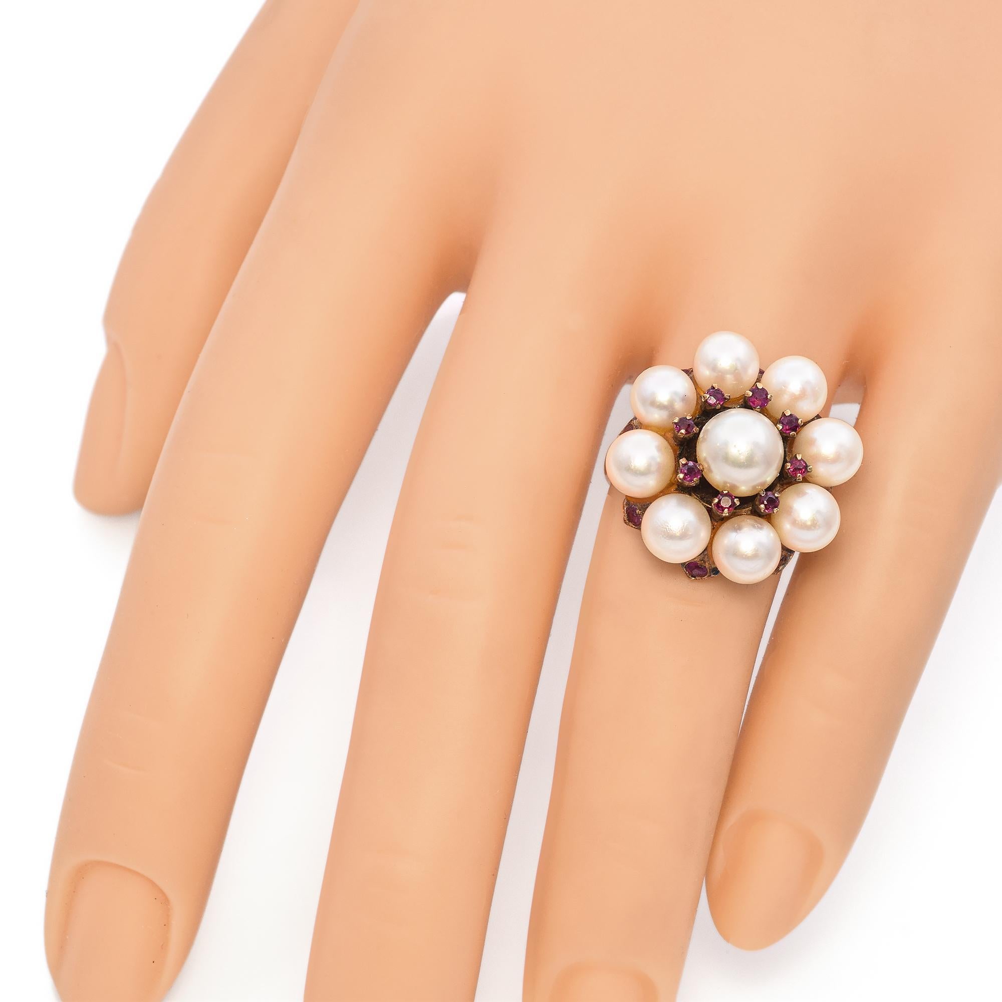 Vintage Yellow Gold Pearl and Ruby Cluster Ring For Sale 2