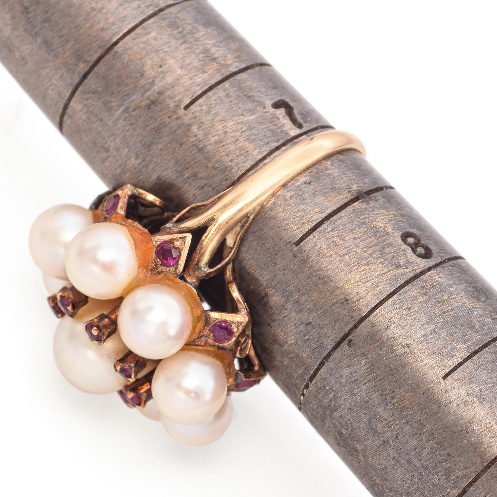Vintage Yellow Gold Pearl and Ruby Cluster Ring For Sale 3