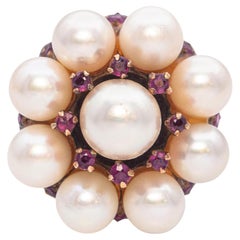 Vintage Yellow Gold Pearl and Ruby Cluster Ring